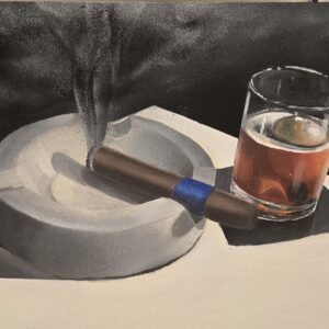 Let's Smoke One Over Bourbon: Cigar & Cocktail Oil Painting (20 x 16 in, Wooden Panel)