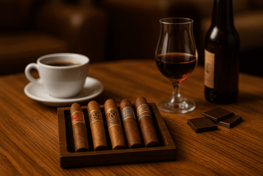 urated cigar samplers with coffee and port, portable travel humidor, and premium cigar accessories including sleek cutters and lighters; cigar lounges stock recommendations