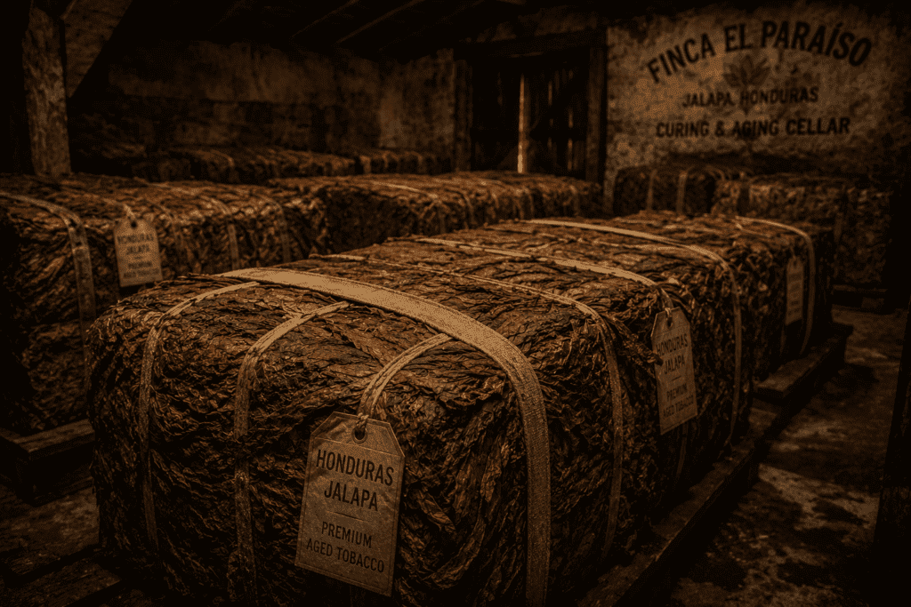 Bales of premium tobacco curing inside a Honduran factory floor as reported in recent cigar industry news