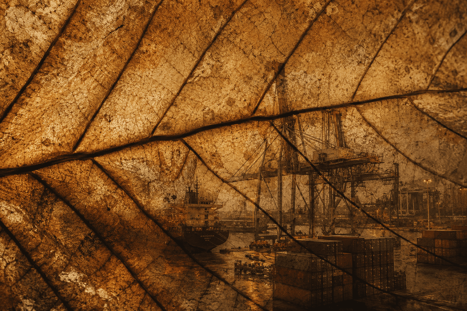 A detailed close up of a tobacco leaf texture overlaying an industrial shipping port background