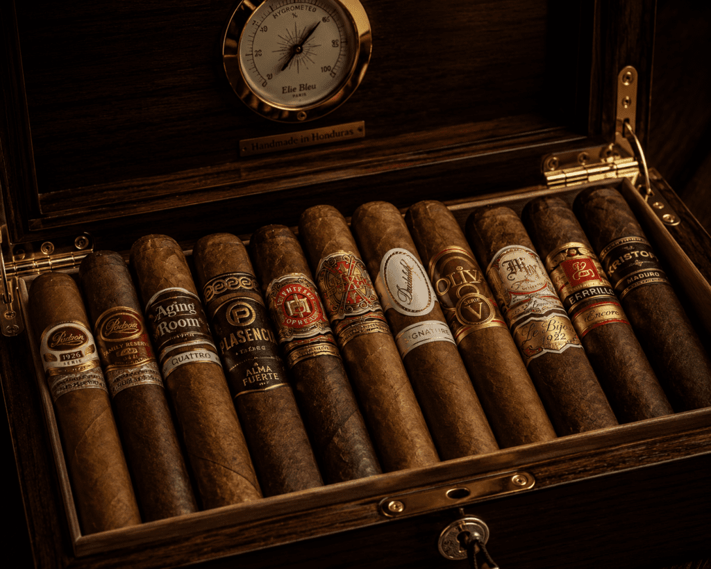 An assorted selection of premium cigar imports inside a dark wood humidor featured in global cigar industry news