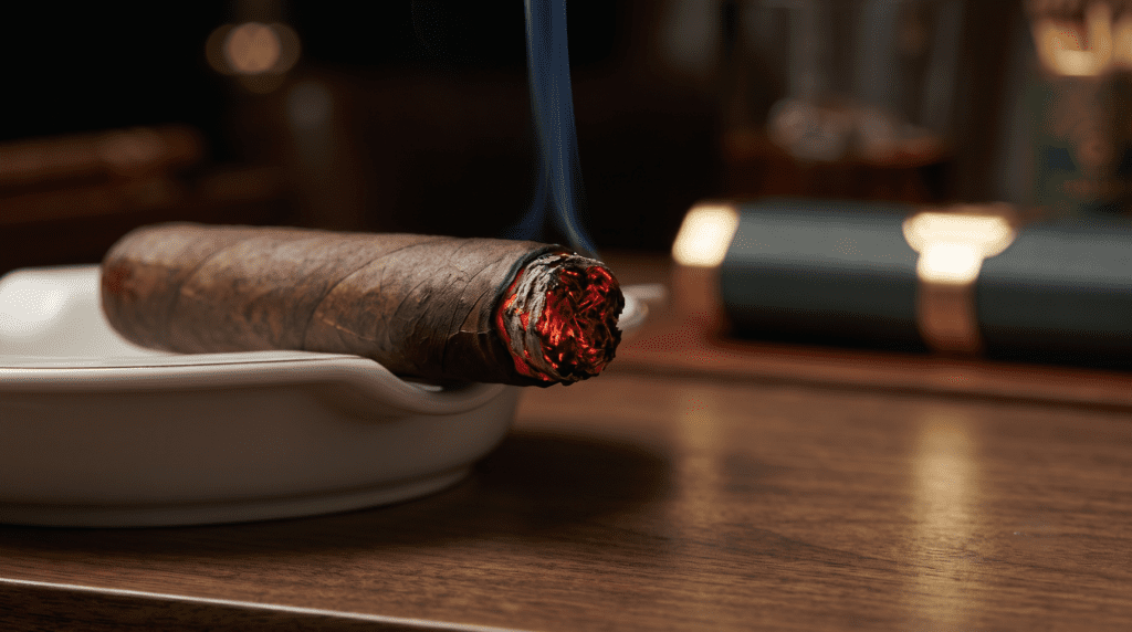 A extreme close-up shot focusing entirely on the burning cherry of a cigar resting on an ashtray. The ember is a faint, dull orange glow with a perfect white ash ring, visualizing a cool, resting burn rather than a bright, overheated cone.