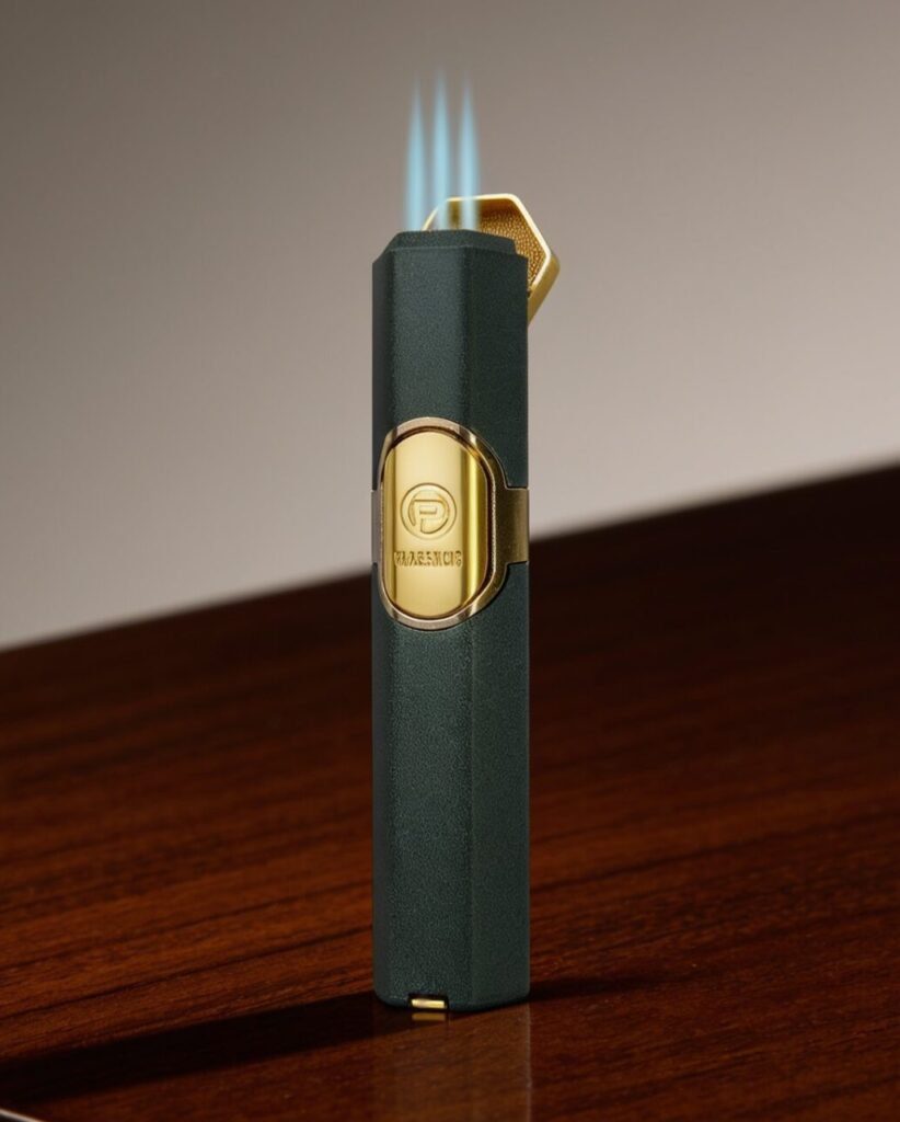 The elegant green and gold Plasencia Triple Torch Lighter with its built-in punch cutter extended