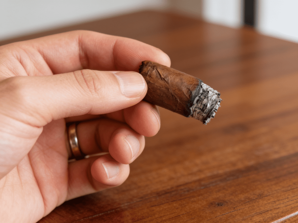 A close up of a premium handmade cigar burning down to the final third