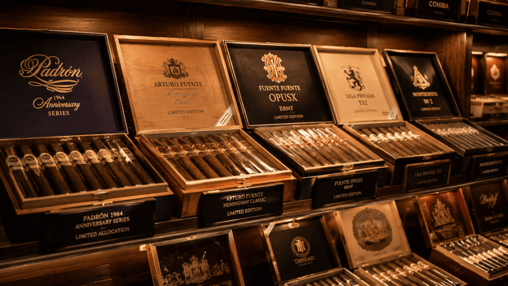 A high-angle layout inside a luxury walk in humidor displaying premium cigar lines organized to maximize retail profitability